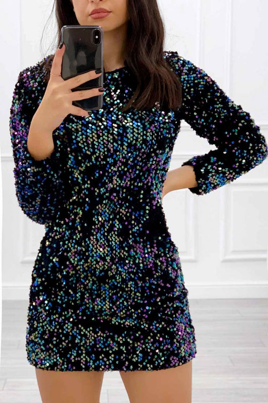 Robe à manches longues en sequins multicolores