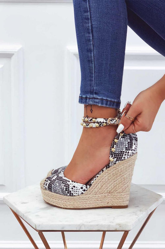 Metallic python-effect espadrilles with high wedge and gold studs