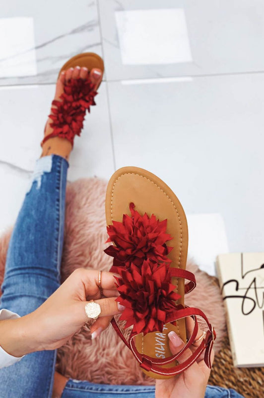 CONNIE - Sandali infradito rossi in raso con fiore applicato