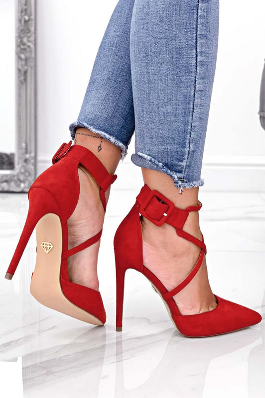 Red suede pumps with high heel