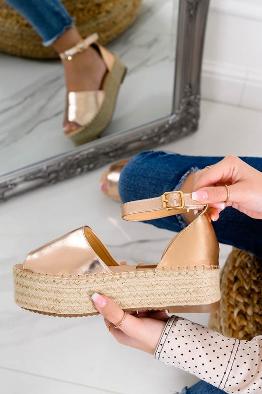 LICIA - Metallic rose gold espadrilles with wedge and ankle strap