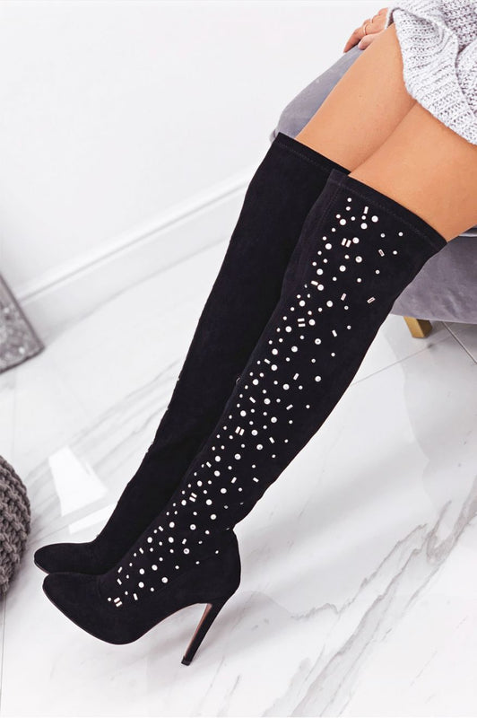 Cuissardes noires à talons hauts avec strass
