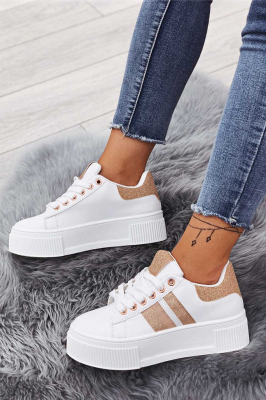 Sneakers bianche con lacci e inserti glitter oro rosa