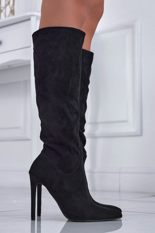 Black suede stiletto heel boots