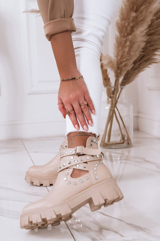 Beige studded biker ankle boots