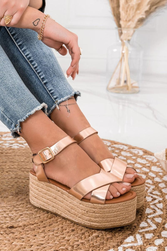 Sandali espadrillas oro rosa con zeppa in corda