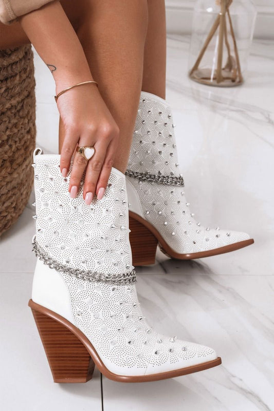 White camper ankle boots with rhinestones and chain