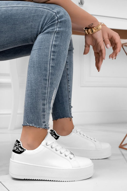 CARRY - White sneakers with silver details and black back with stones
