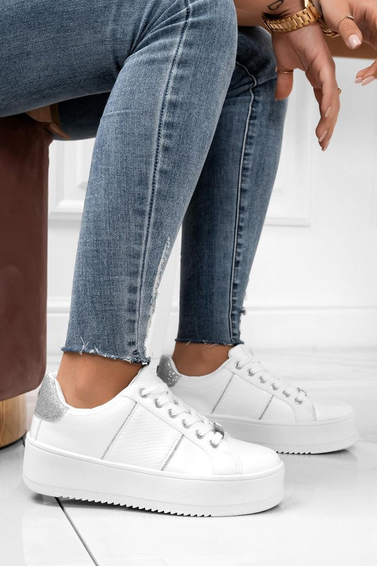 MORENA - White sneakers with silver glitter inserts