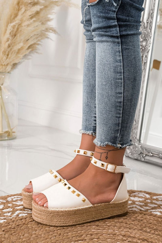 White espadrilles with strap and gold studs