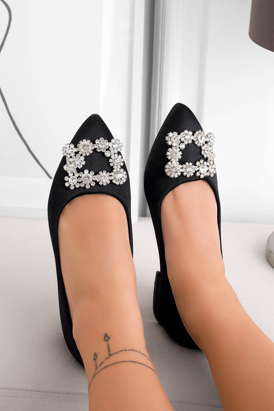 Black satin ballet flats with jewel