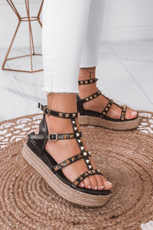 Black espadrille sandals with gold studs