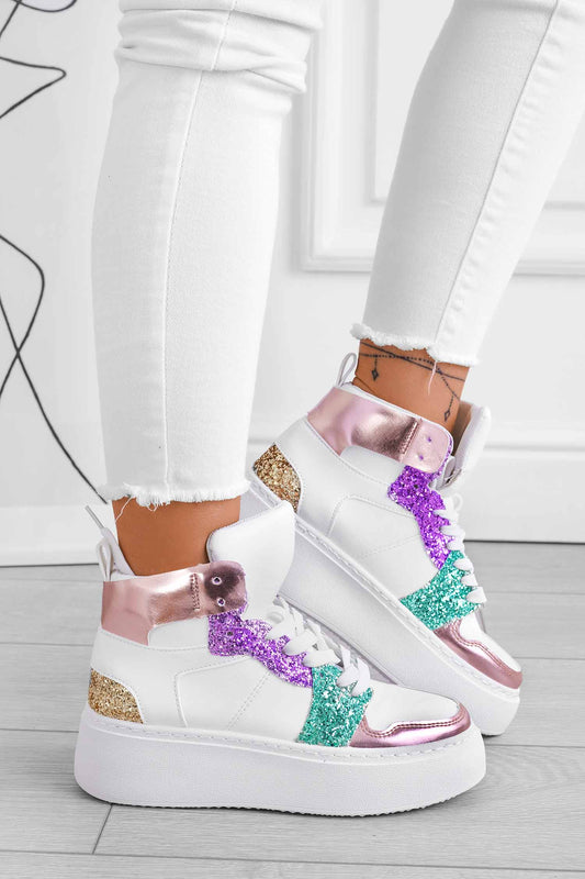 White sneakers with multicolor glitter inserts