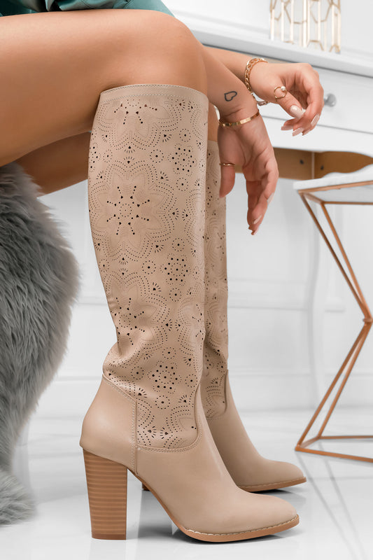 Beige perforated faux leather boots with comfortable heel