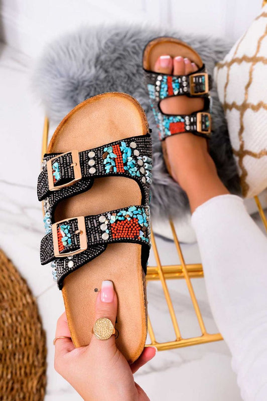 CAMELIA - Zapatillas negras con hebillas y adornos multicolor