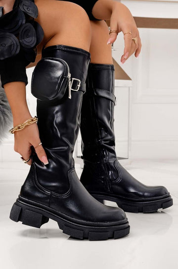 Black combat boots with pouch