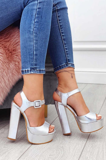 Metallic silver high-heeled sandals