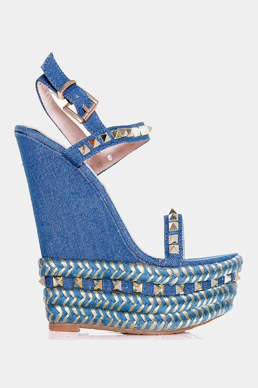 Wedge sandals in denim with studs Togo Blue