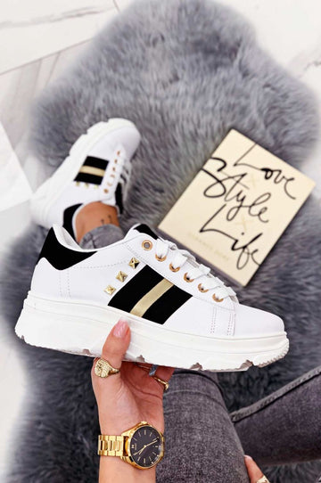 White sneakers with studs and gold inserts