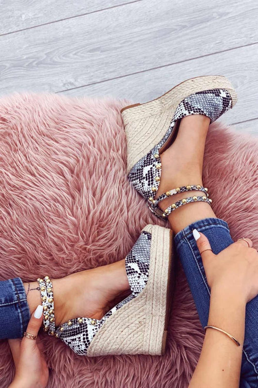 Metallic python-effect espadrilles with high wedge and gold studs