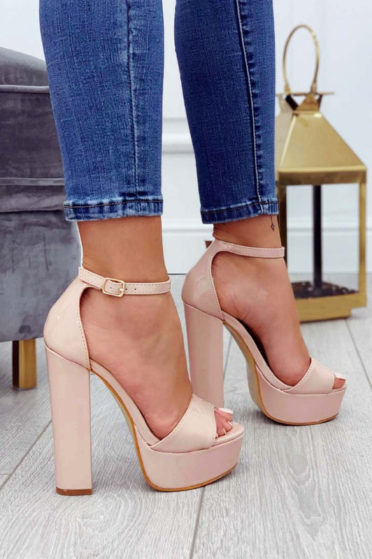 Nude patent leather sandals with high heel and ankle strap