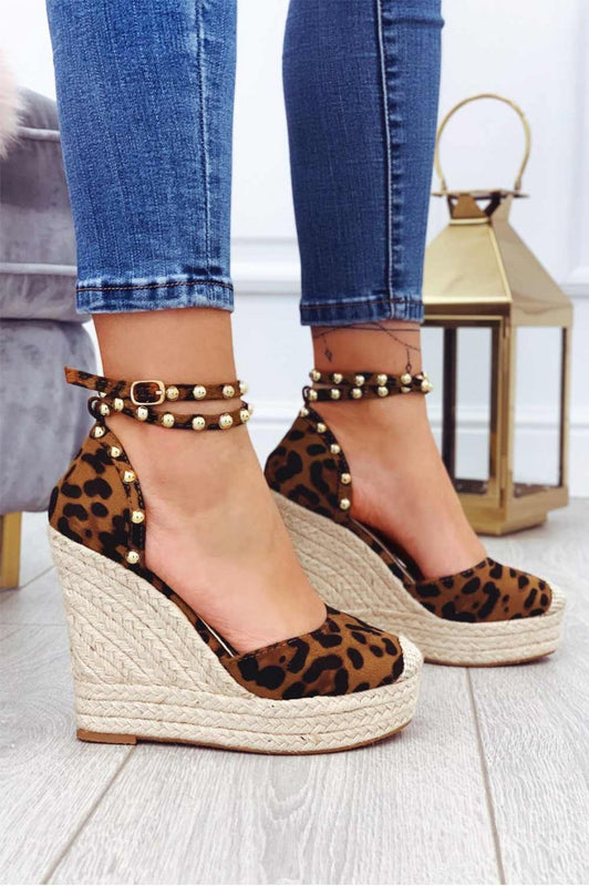 TOSCA - Leopard print espadrilles with high wedge and gold studs