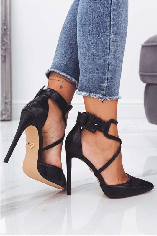 Escarpins noirs effet crocodile à talons hauts