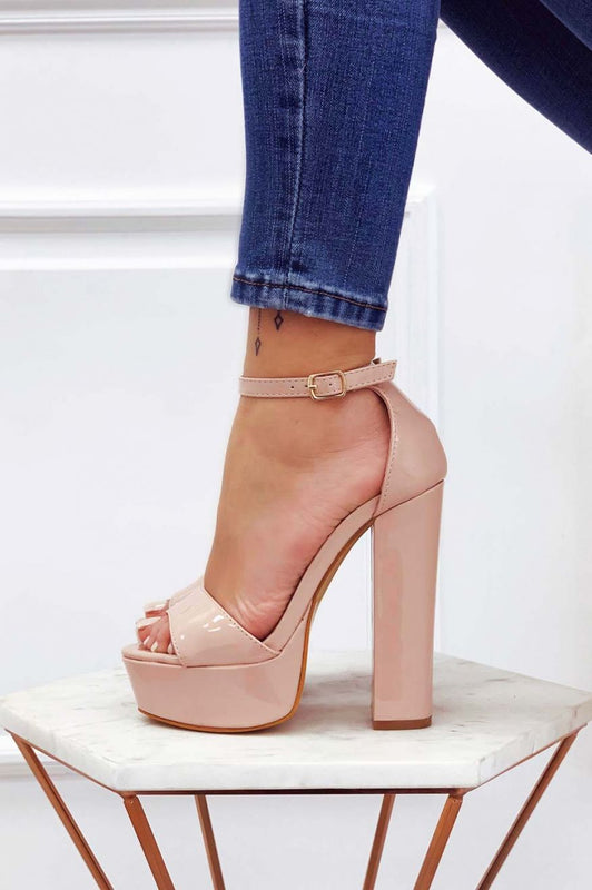 Nude patent leather sandals with high heel and ankle strap