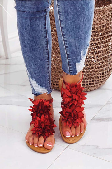 CONNIE - Sandali infradito rossi in raso con fiore applicato