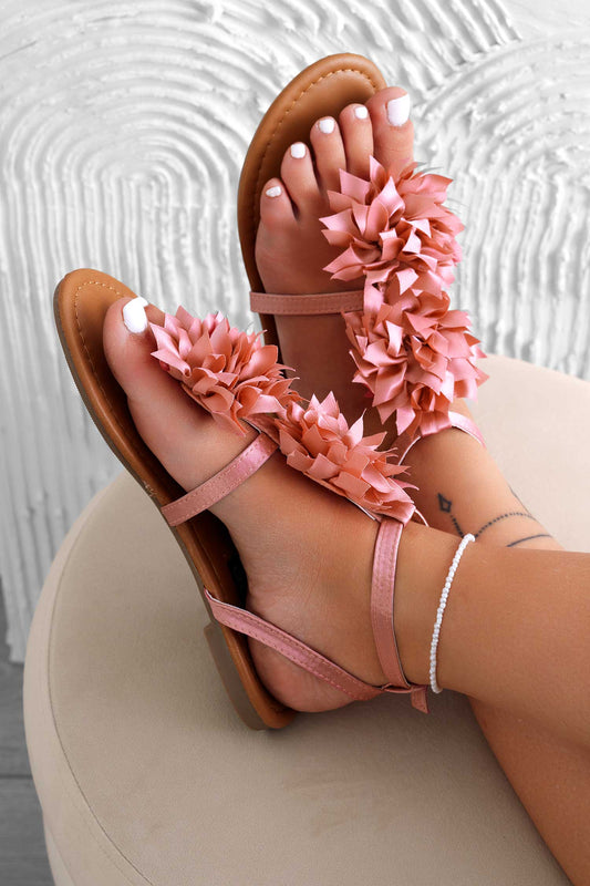 Sandalias de dedo rosas de satén con apliques de flores Connie