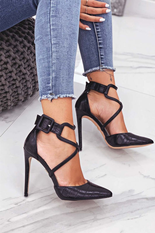 Escarpins noirs effet crocodile à talons hauts