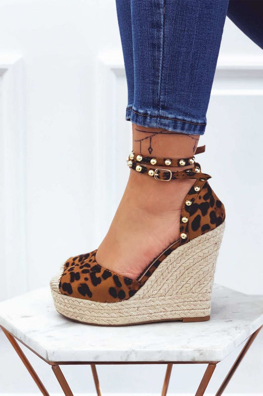 TOSCA - Leopard print espadrilles with high wedge and gold studs