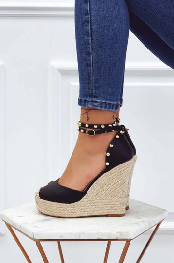 Black faux leather espadrilles with high wedge and gold studs