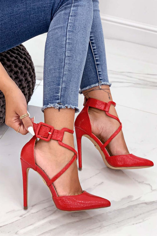 Escarpins rouges effet python à talons hauts