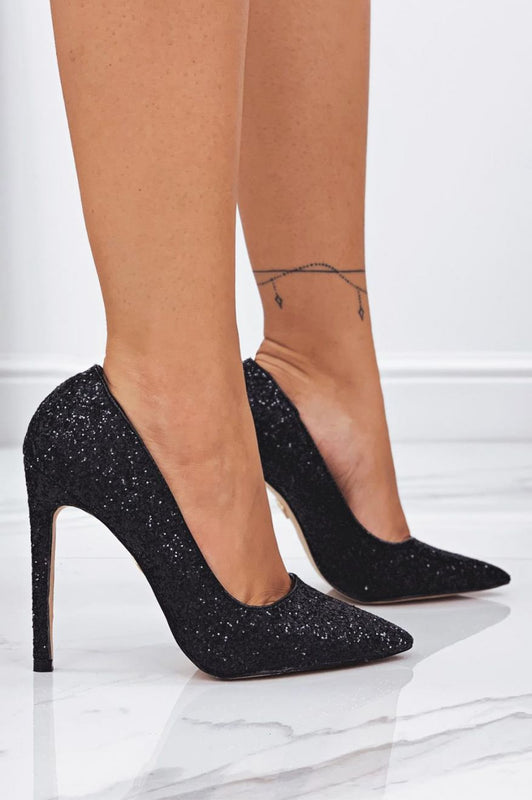 Black glitter high-heeled pumps