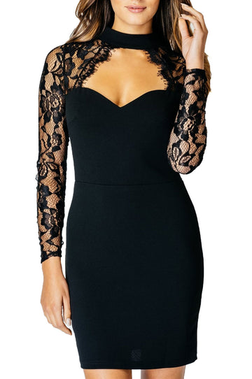 Black dress with lace sleeves and sweetheart neckline