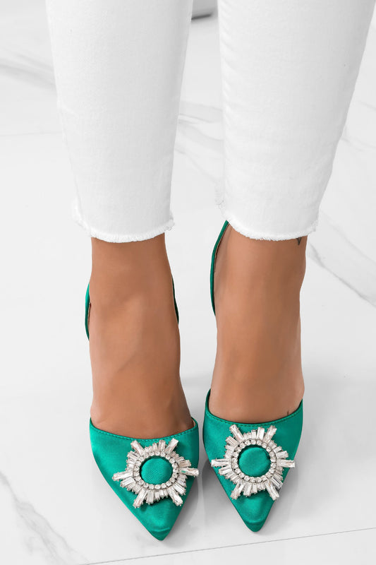 CHRISTY - Zapatos de salón verdes de satén con joya