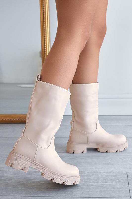 Beige combat ankle boots in faux leather