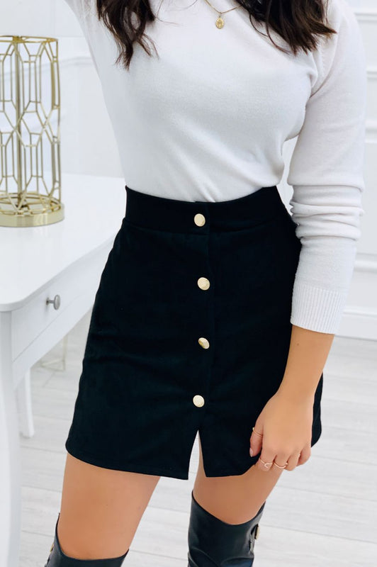 Gonna con bottoni oro in tessuto scamosciato Nera