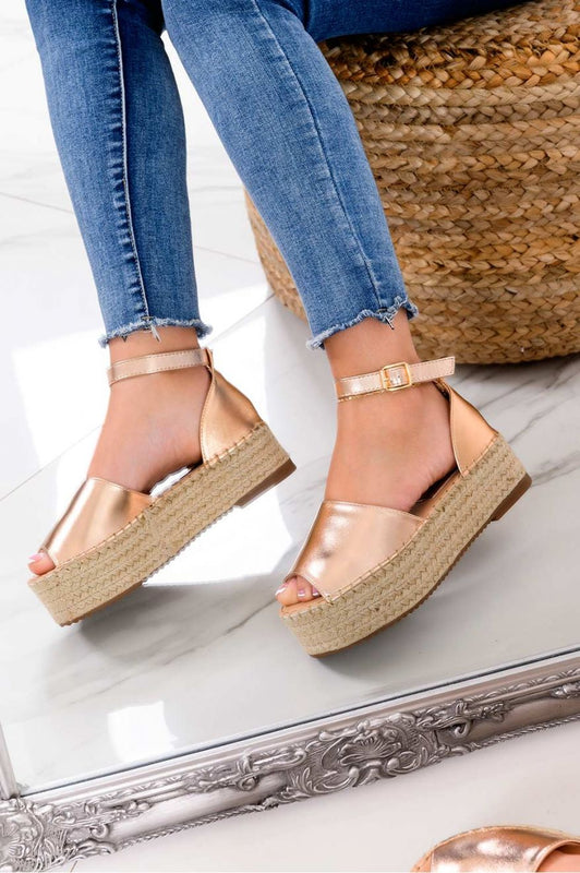 LICIA - Metallic rose gold espadrilles with wedge and ankle strap