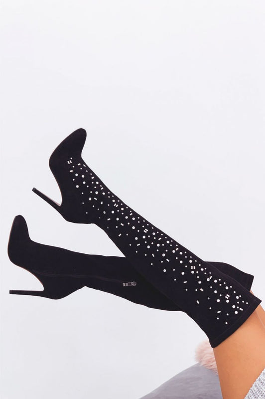 Cuissardes noires à talons hauts avec strass
