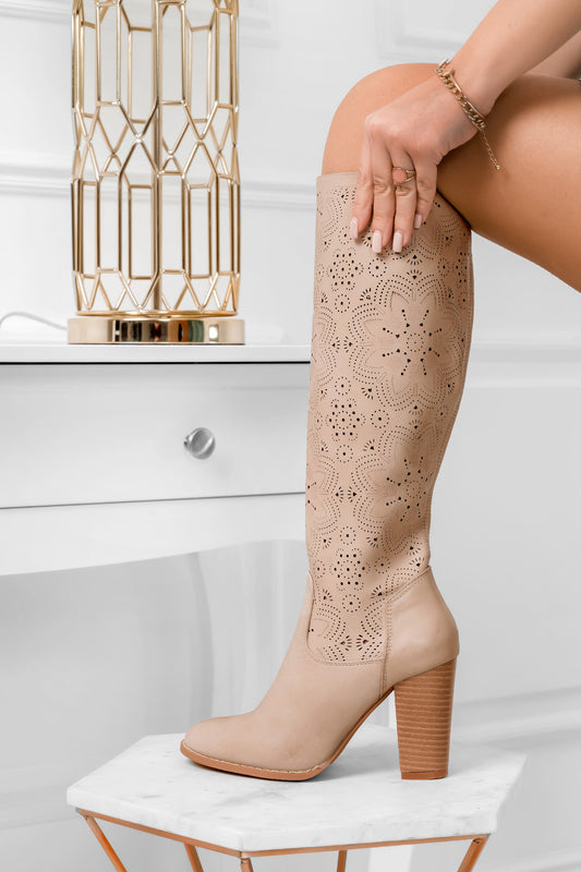 Beige perforated faux leather boots with comfortable heel