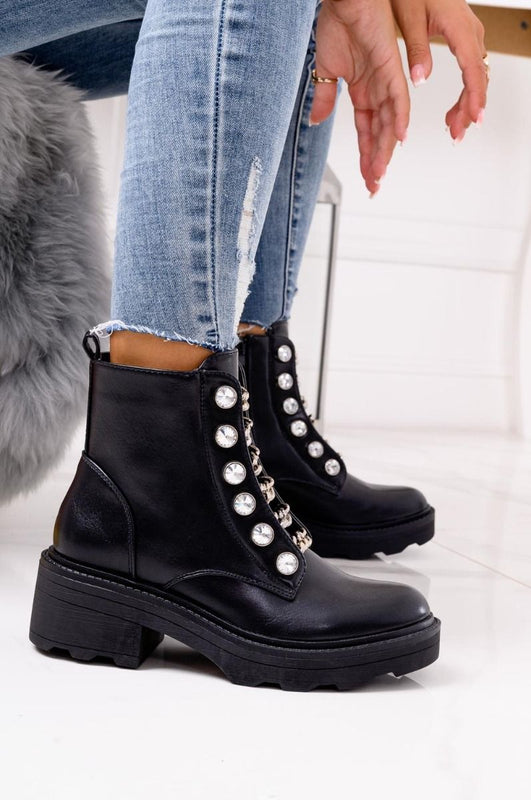 Black biker ankle boots with chains and rhinestones