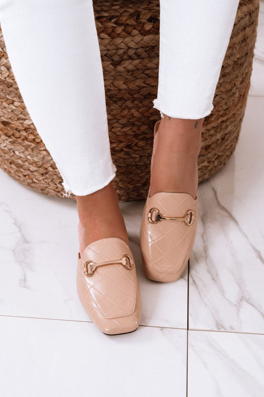 open beige loafers with checkered pattern
