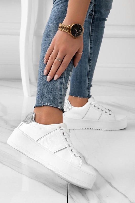 MORENA - White sneakers with silver glitter inserts