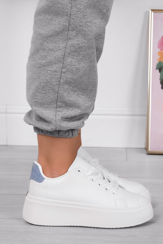 TERESANNA - Zapatillas blancas con cuña alta y retro azul