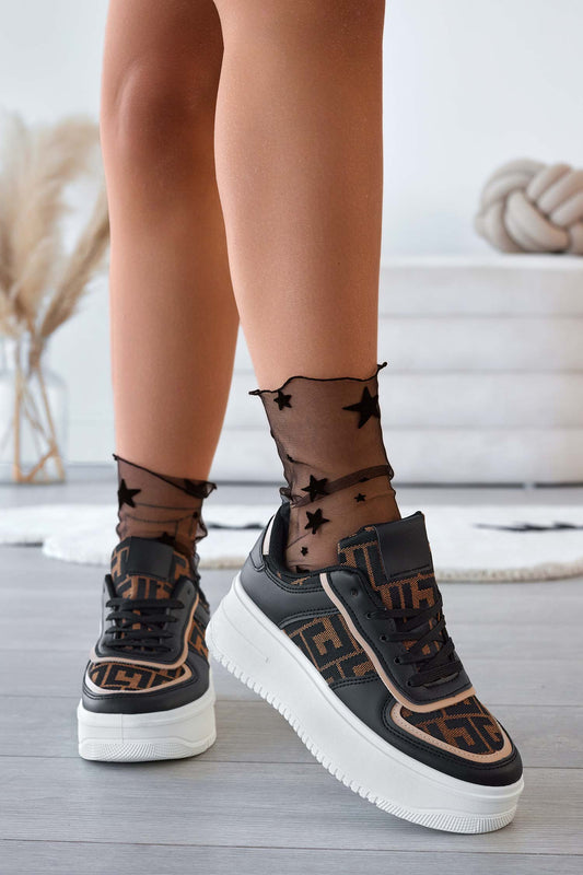 Black sneakers with patterned fabric inserts