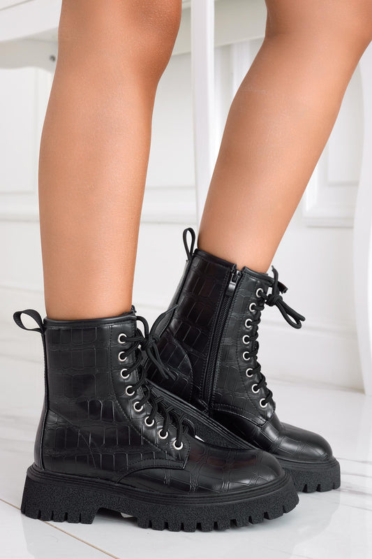 Botines negros tipo militar efecto cocodrilo
