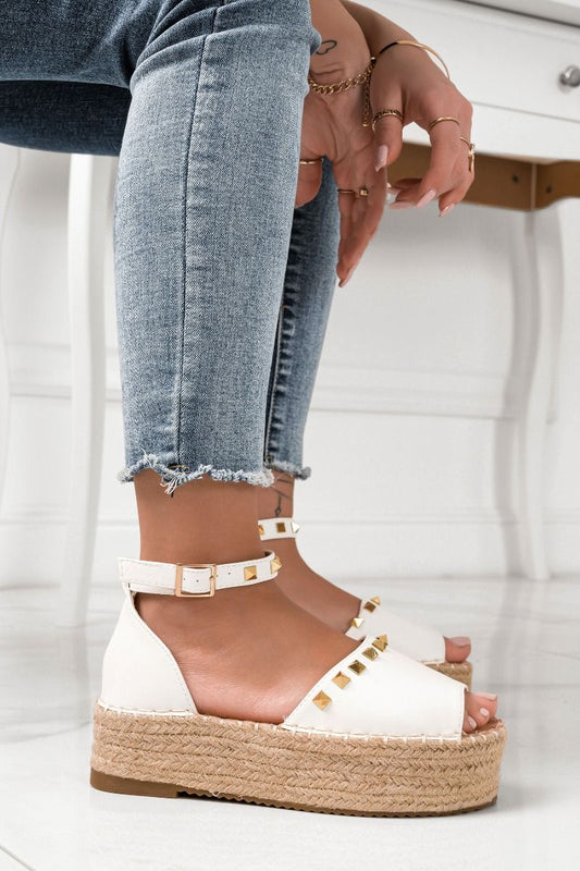 White espadrilles with strap and gold studs