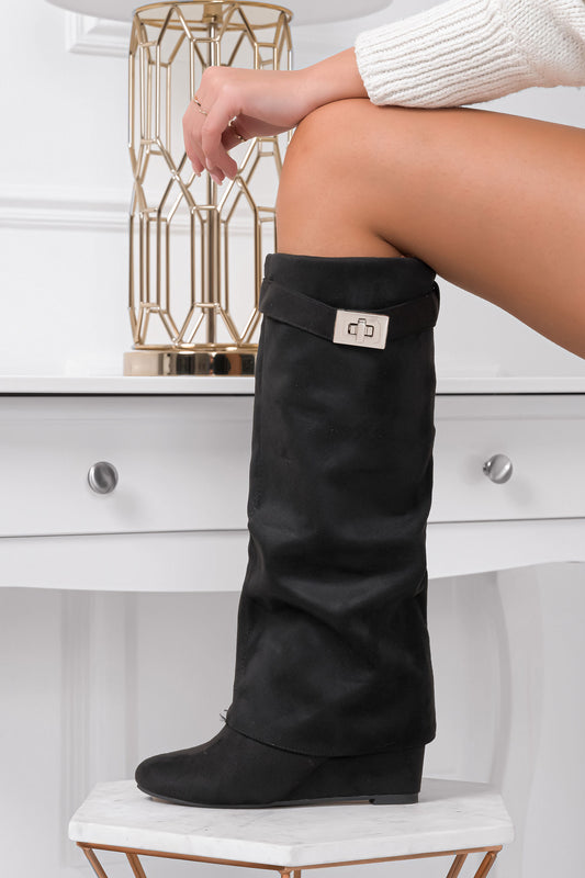 Black suede boots with cuff and wedge heel